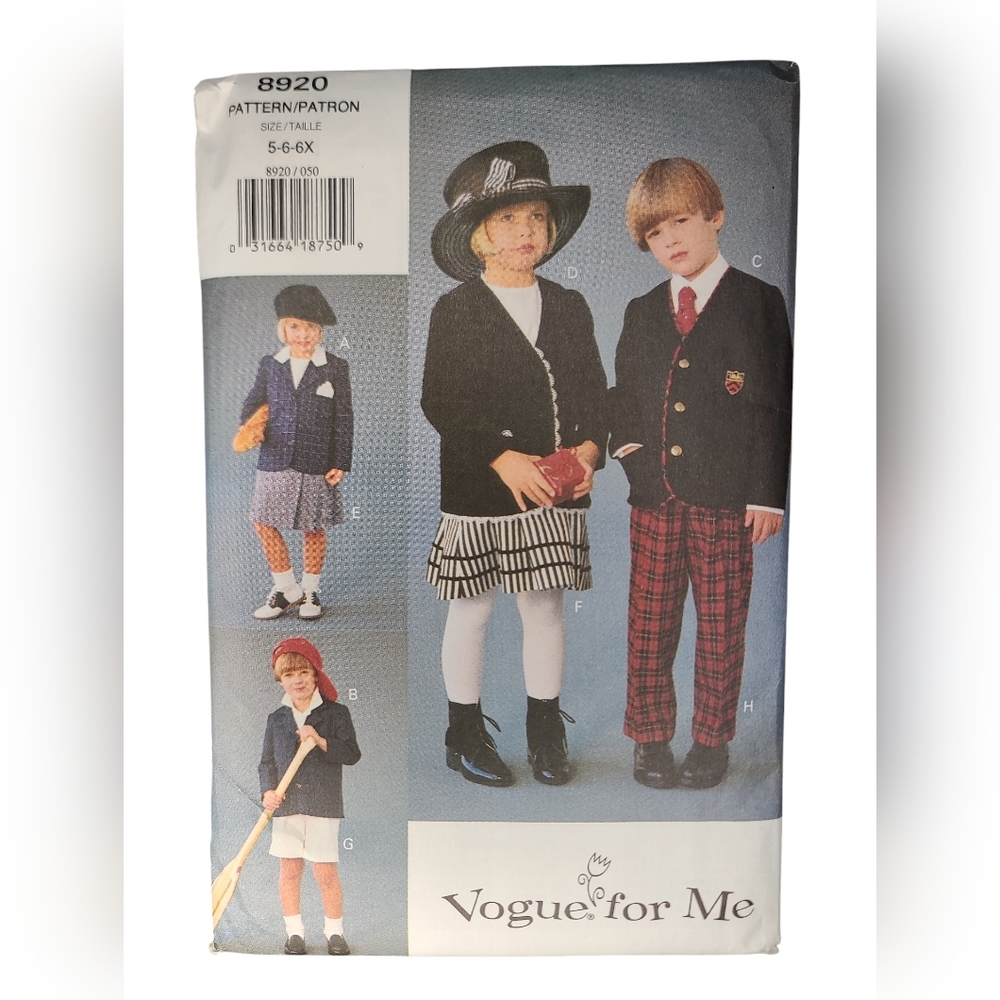 Vogue For Me 8920 Pattern Children's Jacket Skirt Pants 5, 6, 6x Sewing New
